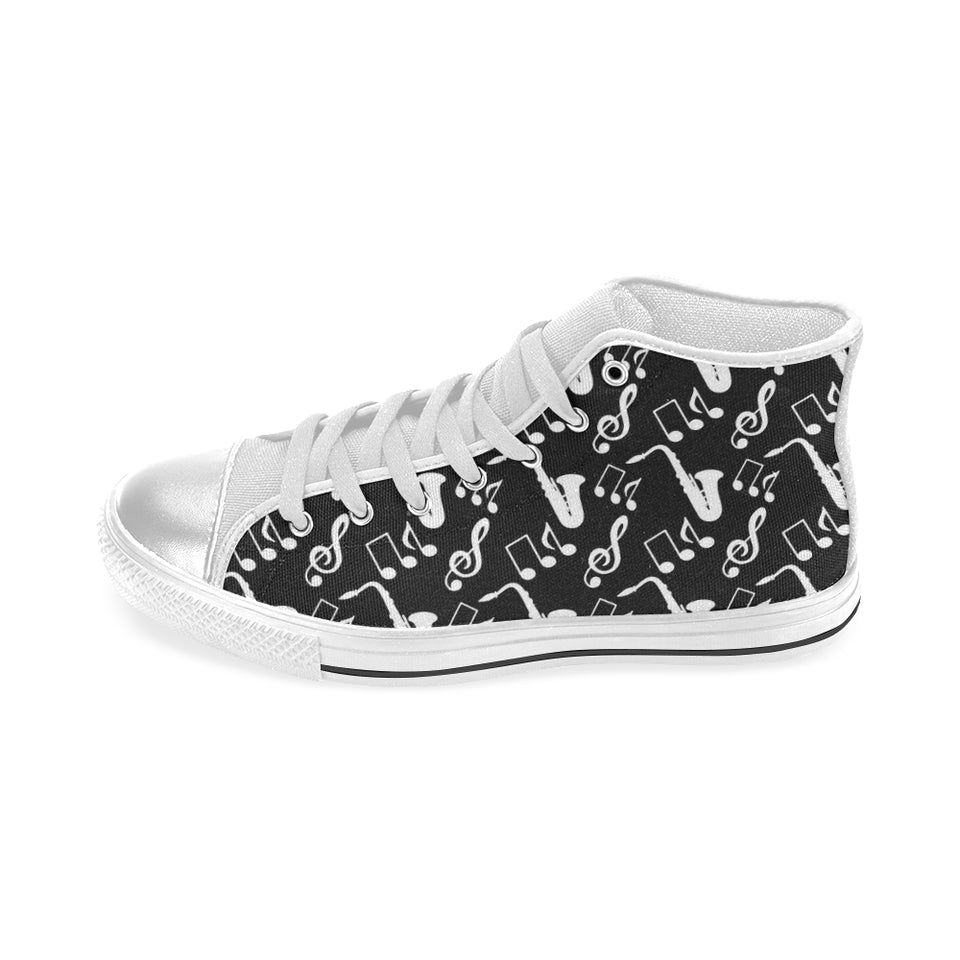 Saxophone music notes treble clef black white them Women's High Top Canvas Shoes White