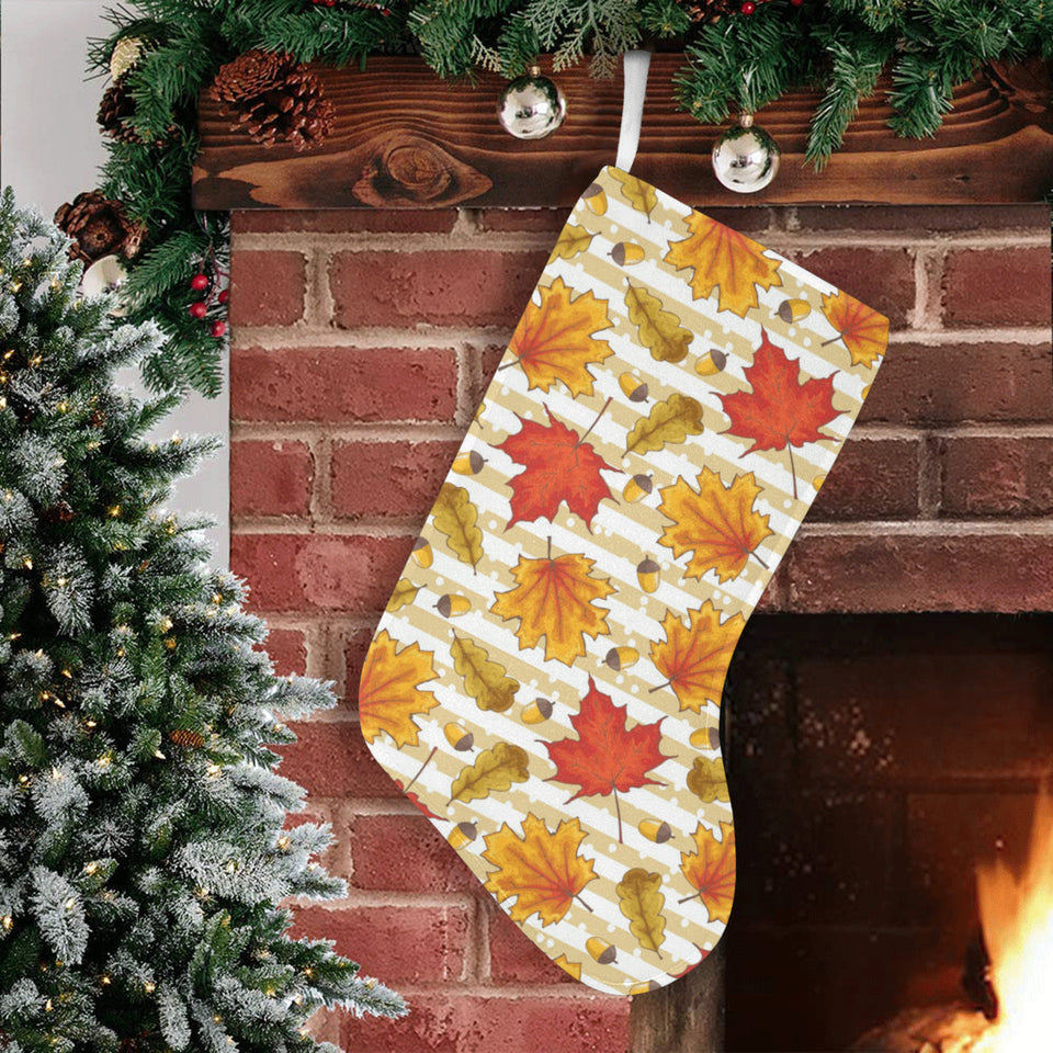 Maple leaf oak leaf acorns beige striped backgroun Christmas Stocking