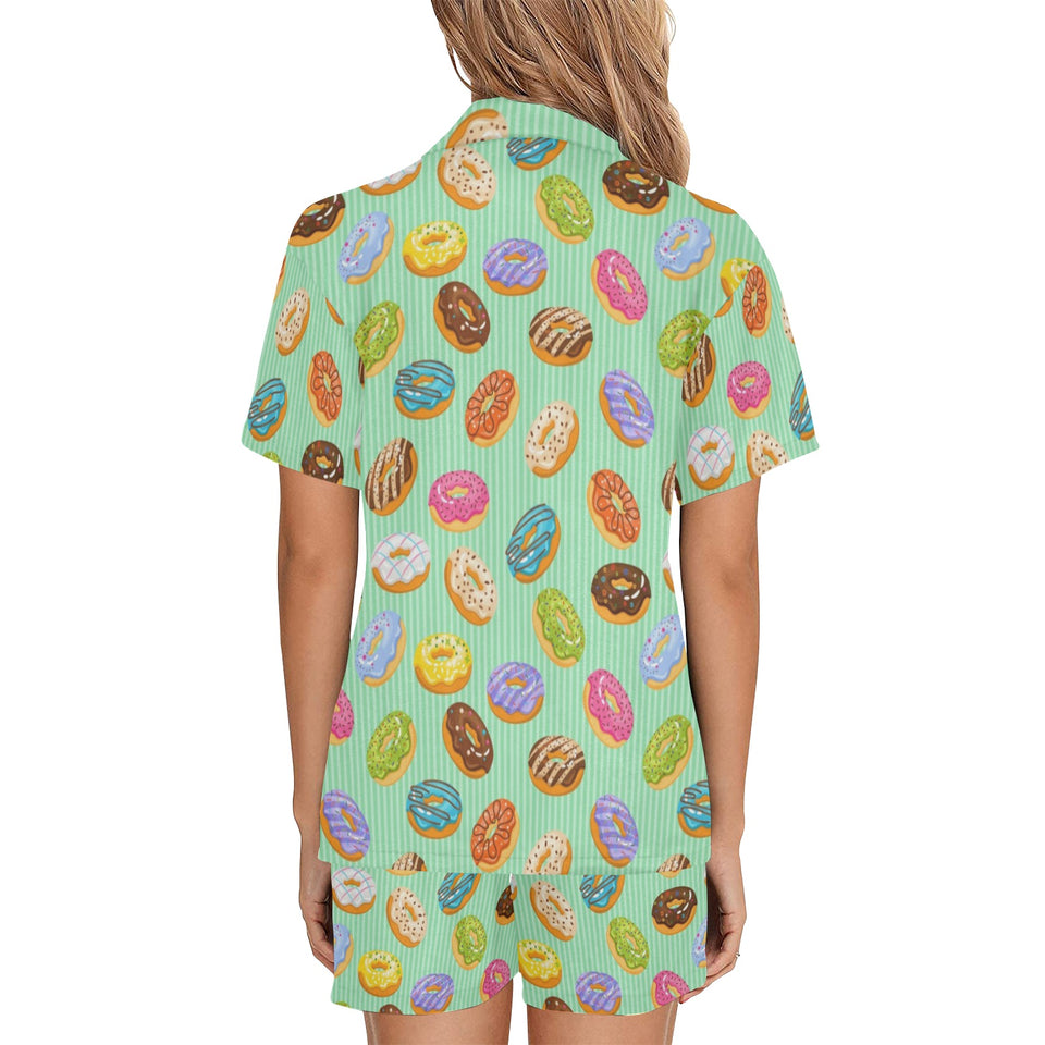 Colorful donut pattern green background Women's V-Neck Short Pajama Set