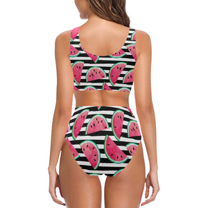 Watercolor paint textured watermelon pieces Chest Bowknot High Waisted Bikini Swimsuit