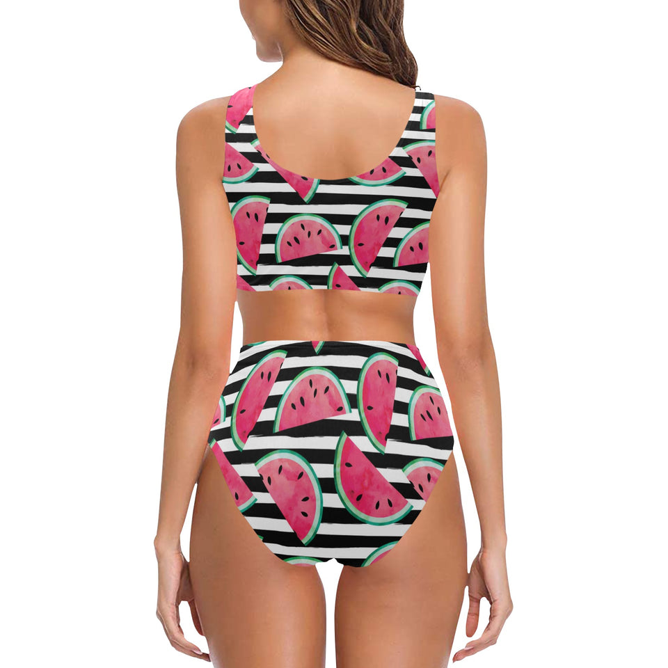 Watercolor paint textured watermelon pieces Chest Bowknot High Waisted Bikini Swimsuit