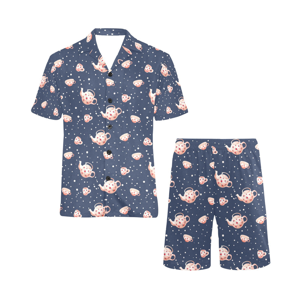 Tea pots Pattern Print Design 04 Men's V-Neck Short Pajama Set