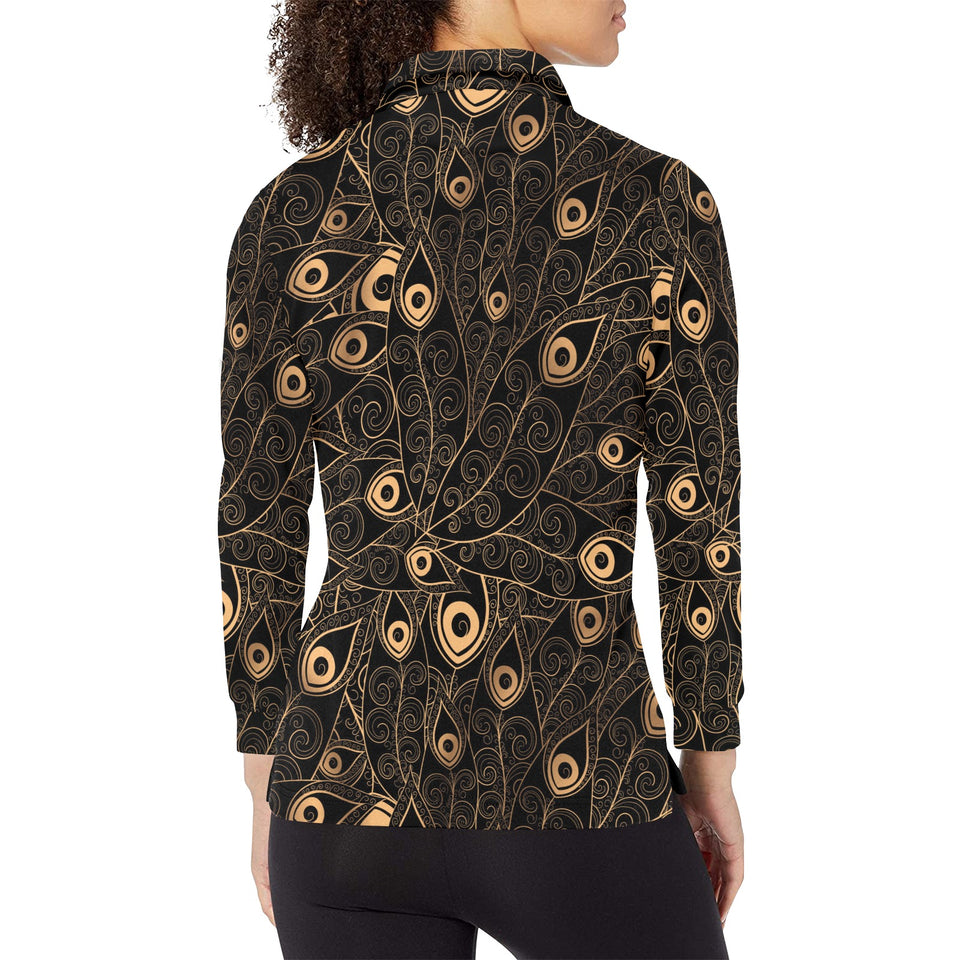 Gold peacock feather pattern Women's Long Sleeve Polo Shirt