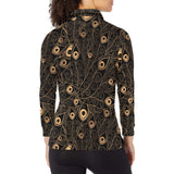 Gold peacock feather pattern Women's Long Sleeve Polo Shirt