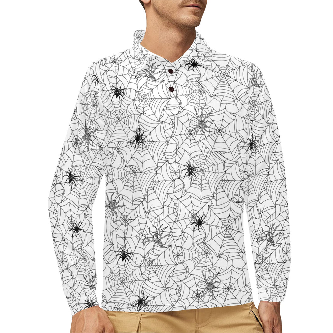 Spider web cobweb pattern Men's Long Sleeve Polo Shirt