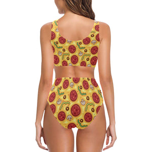 Pizza texture pattern Chest Bowknot High Waisted Bikini Swimsuit