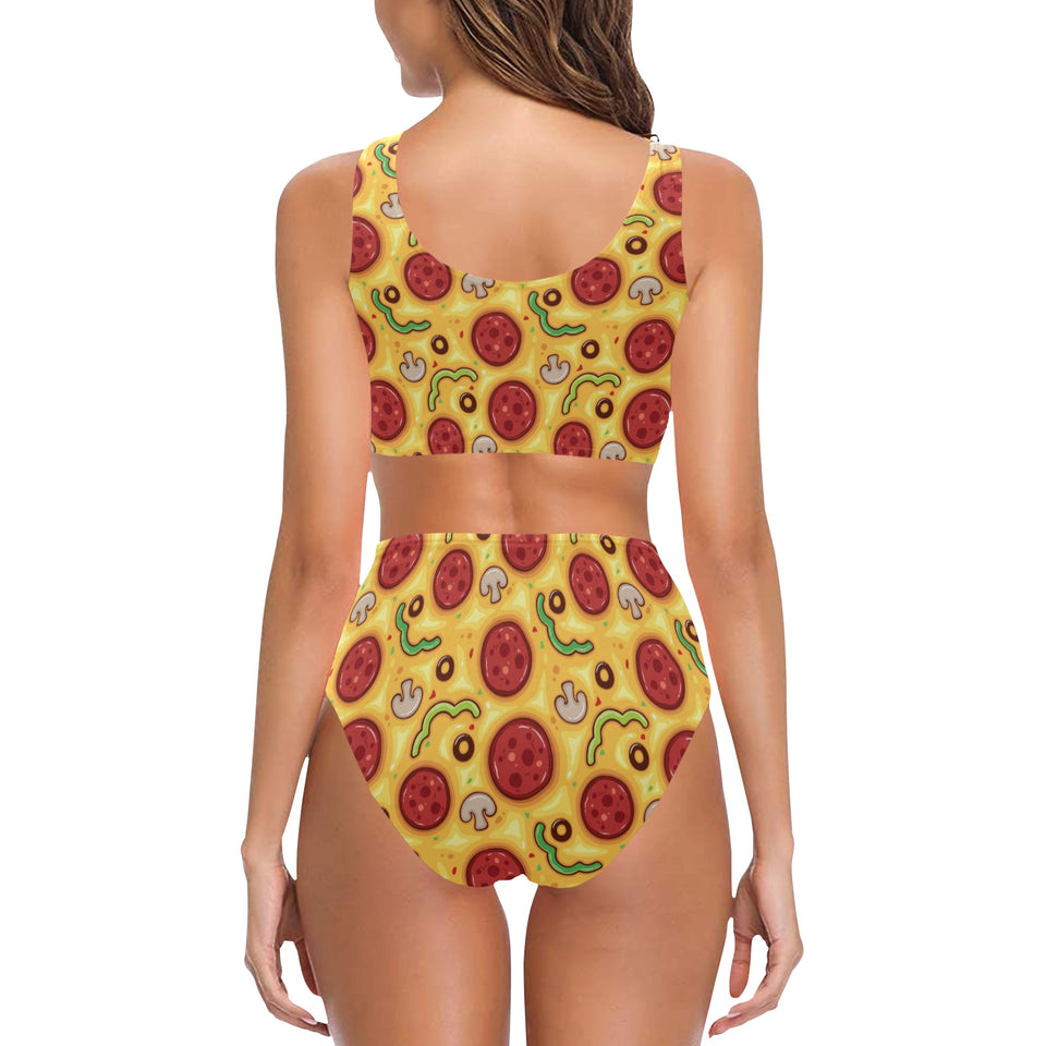 Pizza texture pattern Chest Bowknot High Waisted Bikini Swimsuit
