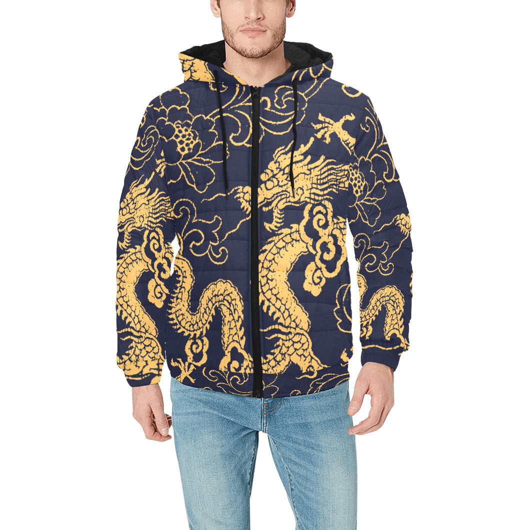 Gold dragon pattern Men's Padded Hooded Jacket