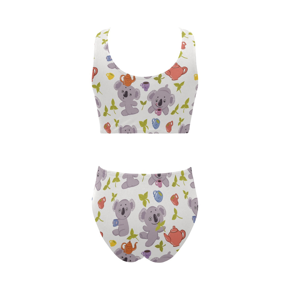 Cute koalas teapots tea Chest Bowknot High Waisted Bikini Swimsuit