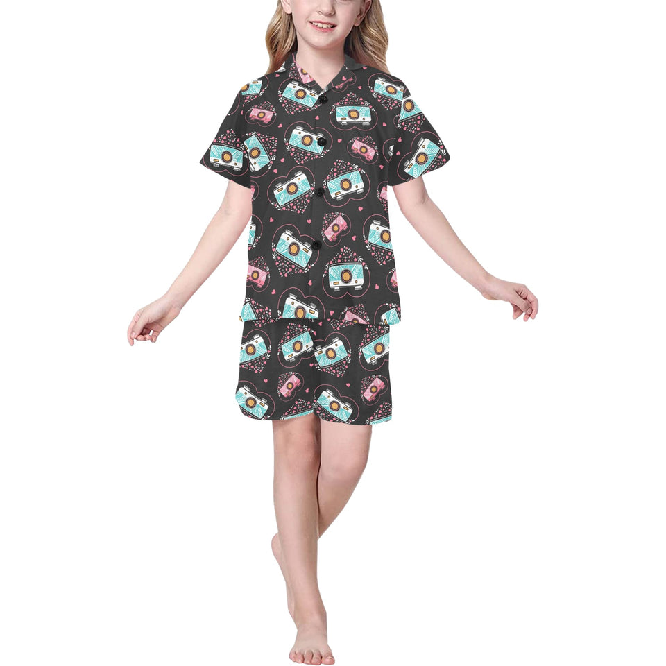 Camera Pattern Print Design 04 Kids' Boys' Girls' V-Neck Short Pajama Set