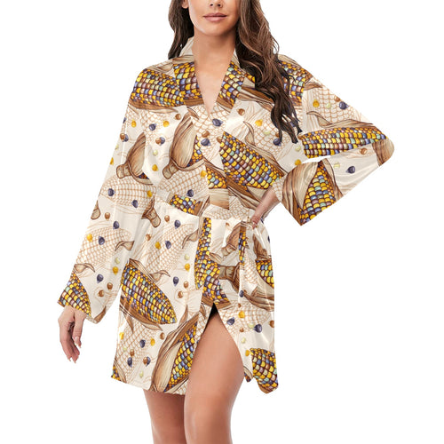 Corn Pattern Print Design 03 Women's Long Sleeve Belted Night Robe