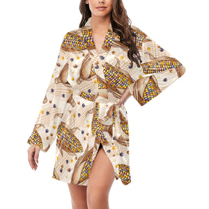 Corn Pattern Print Design 03 Women's Long Sleeve Belted Night Robe