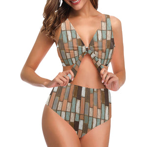 Wood Printed Pattern Print Design 02 Chest Bowknot High Waisted Bikini Swimsuit