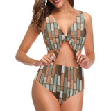 Wood Printed Pattern Print Design 02 Chest Bowknot High Waisted Bikini Swimsuit