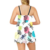 Dragonflies ginkgo leaves pattern Chest Sexy Pleated Two Piece Swim Dress