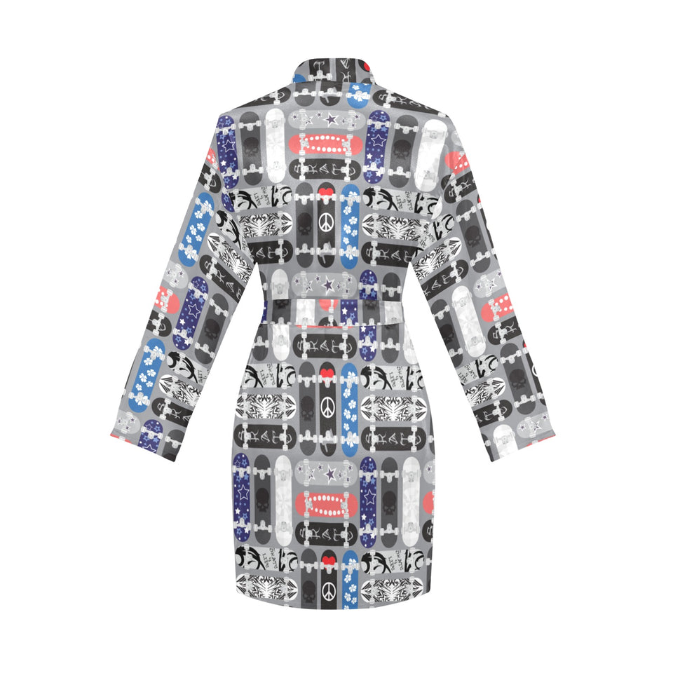 Skate Board Pattern Print Design 04 Women's Long Sleeve Belted Night Robe