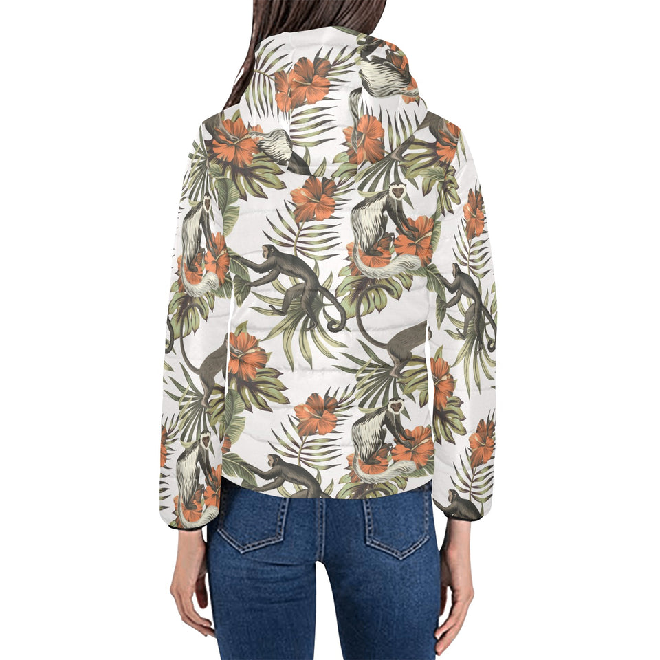 Monkey red hibiscus flower palm leaves floral patt Women's Padded Hooded Jacket