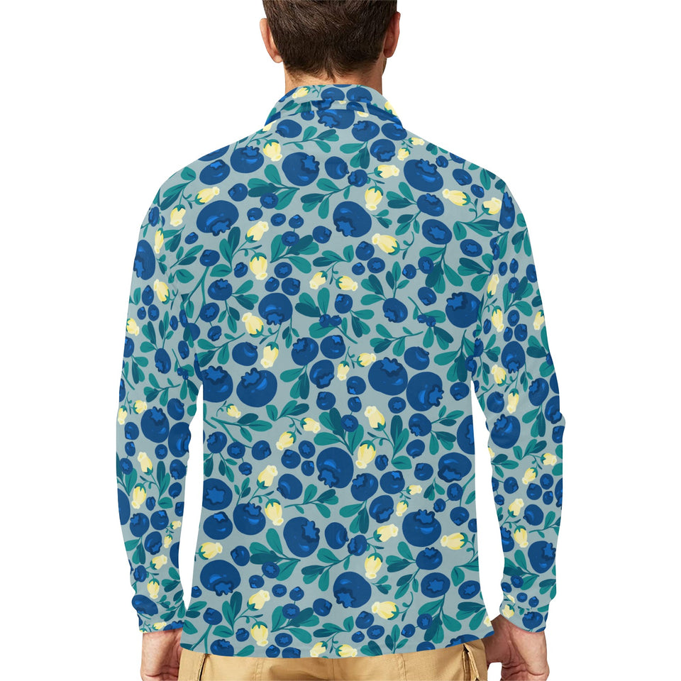 blueberry design pattern Men's Long Sleeve Polo Shirt