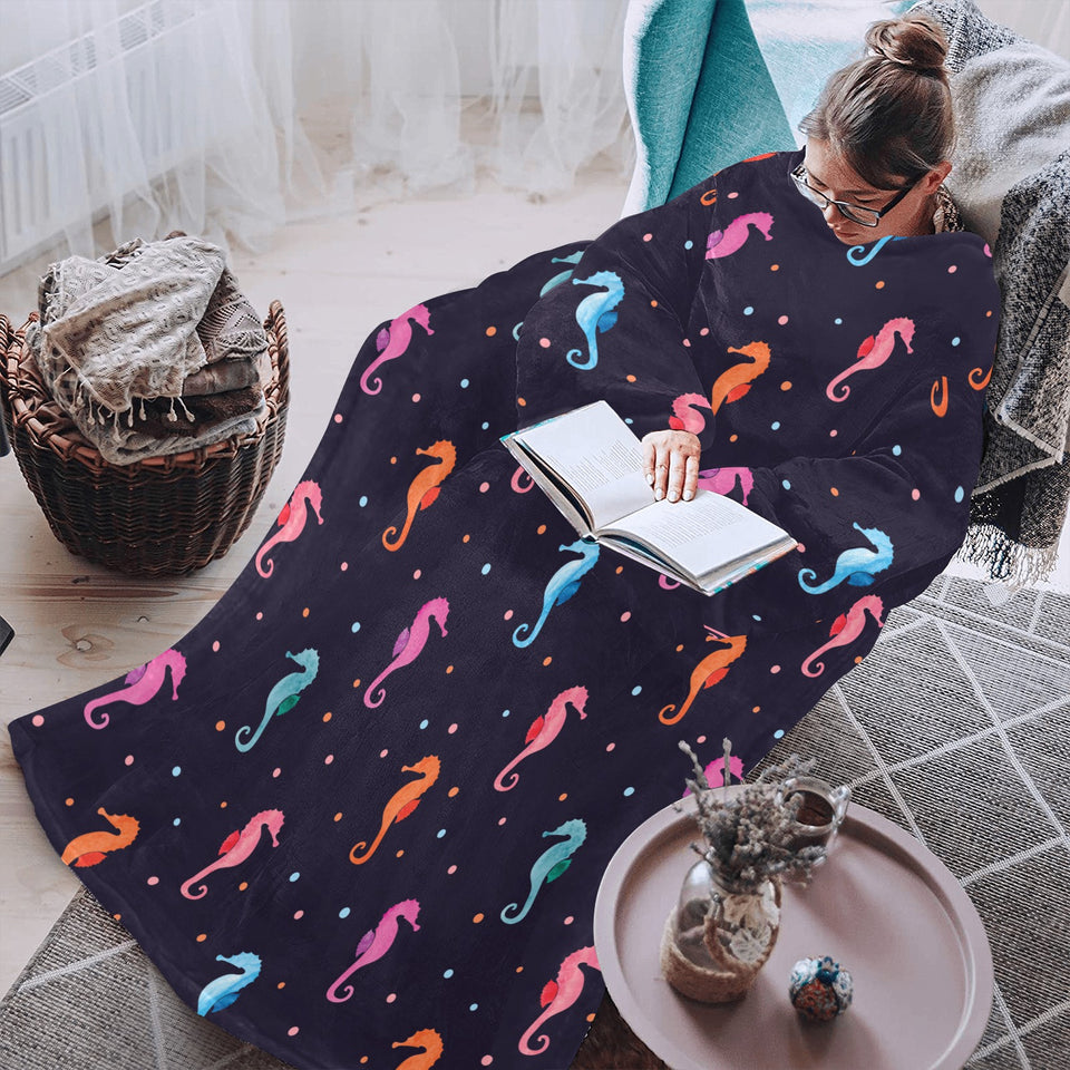 Watercolor colorful seahorse pattern Blanket Robe with Sleeves
