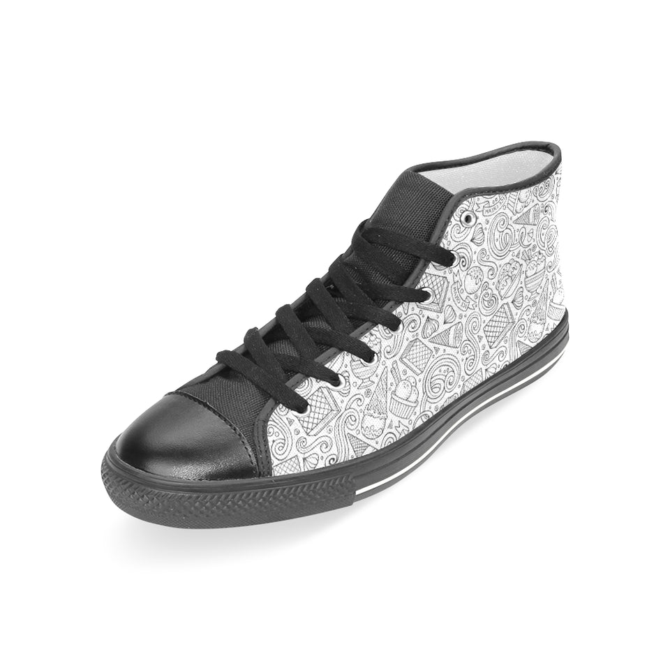 Cartoon hand drawn ice cream black white Women's High Top Canvas Shoes Black