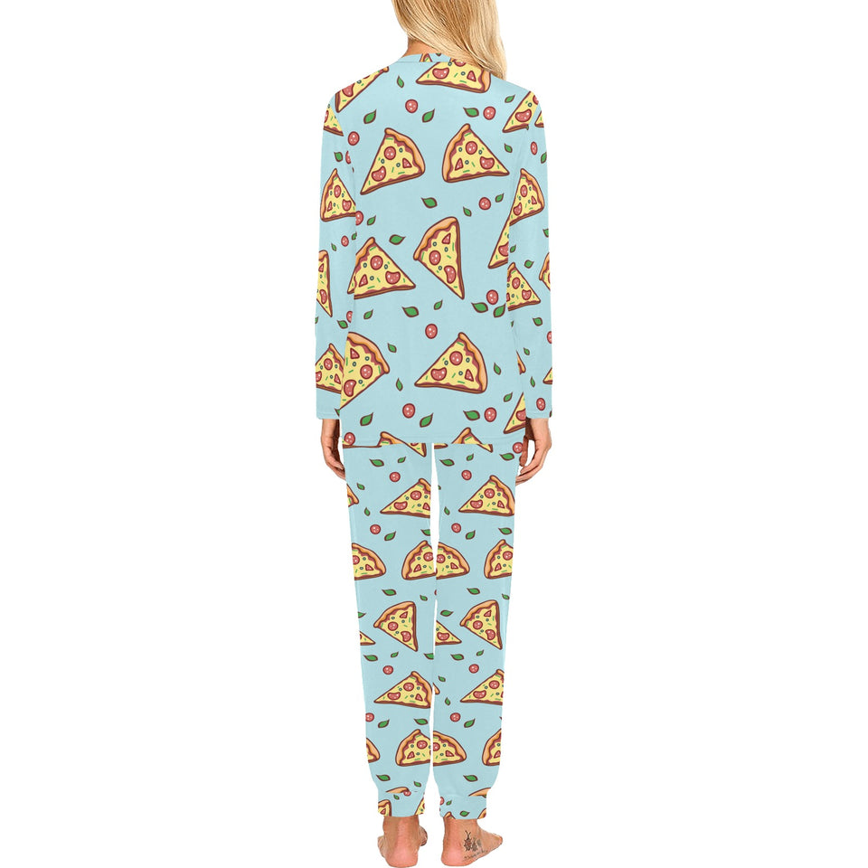 Hand drawn pizza blue background Women's All Over Print Pajama Set