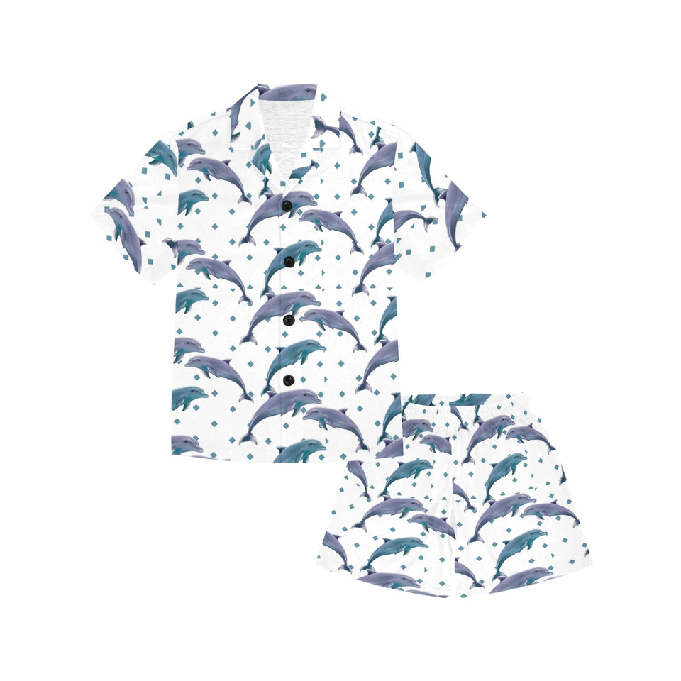 Dolphins pattern dotted background Kids' Boys' Girls' V-Neck Short Pajama Set