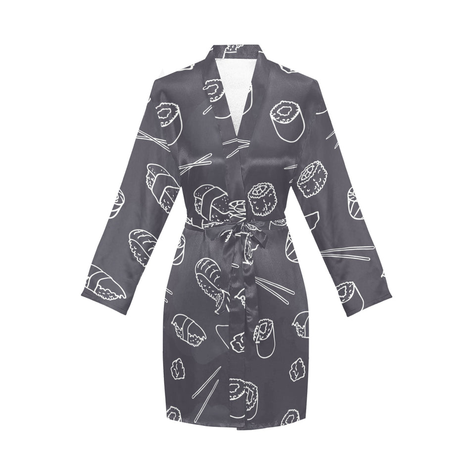 sushi pattern black background Women's Long Sleeve Belted Night Robe