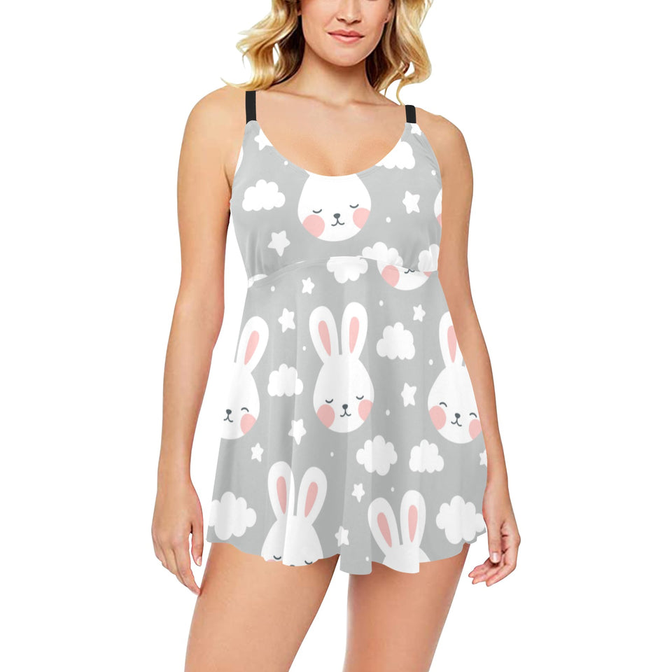 Rabbit cloud Pattern Chest Sexy Pleated Two Piece Swim Dress