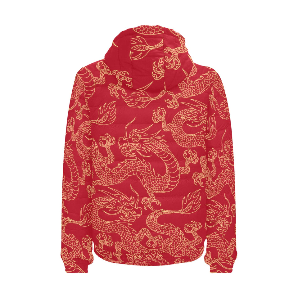 Gold dragons red background Men's Padded Hooded Jacket
