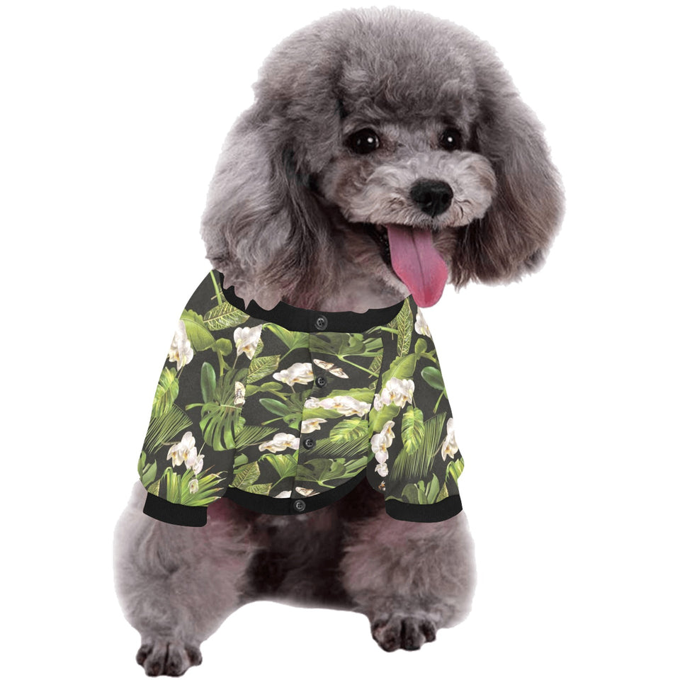 White orchid flower tropical leaves pattern blackg All Over Print Pet Dog Round Neck Fuzzy Shirt