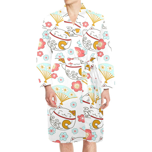 Maneki neko cat fan sakura Men's Long Sleeve Belted Night Robe