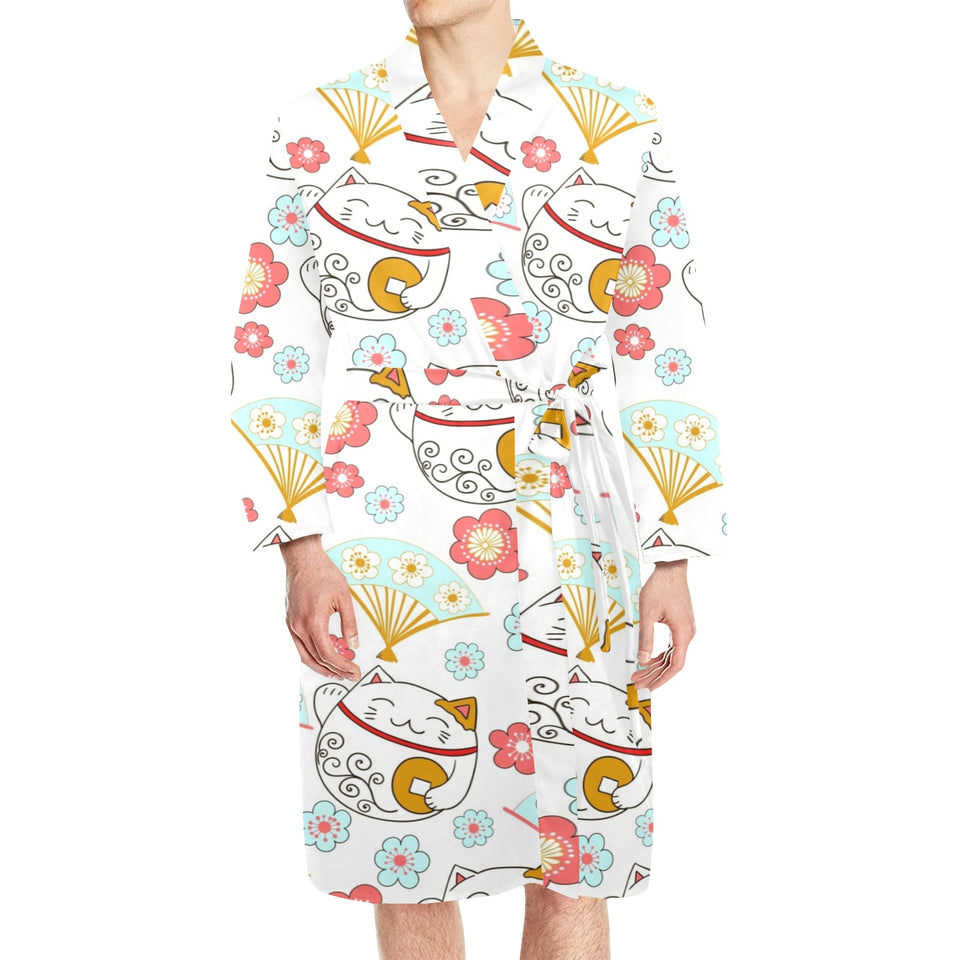 Maneki neko cat fan sakura Men's Long Sleeve Belted Night Robe