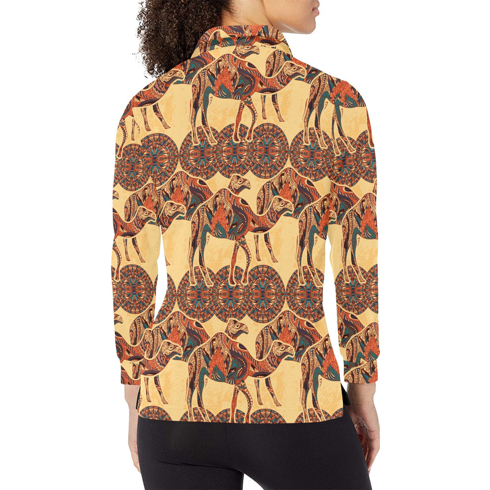 Camel polynesian tribal design pattern Women's Long Sleeve Polo Shirt