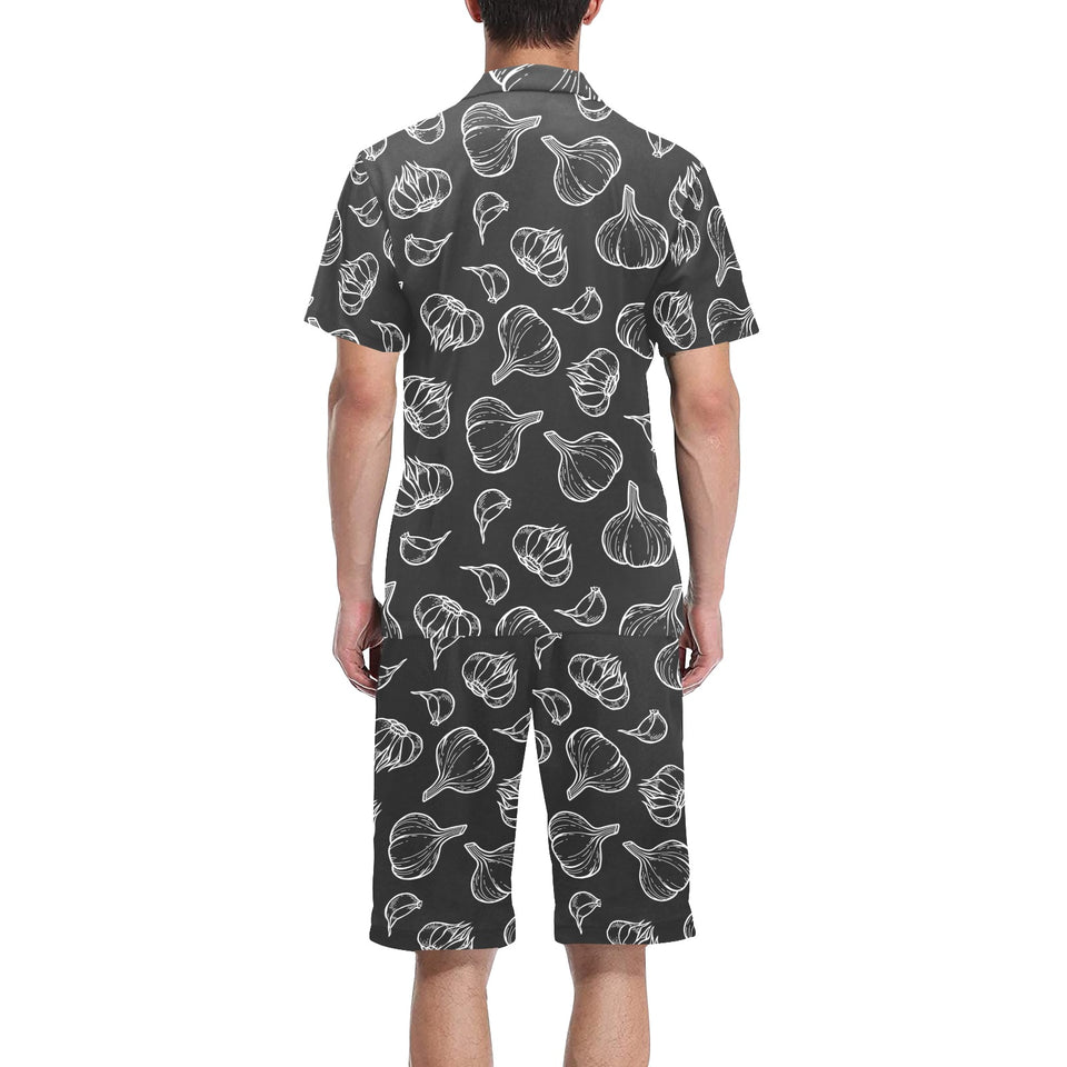 Garlic pattern black background Men's V-Neck Short Pajama Set