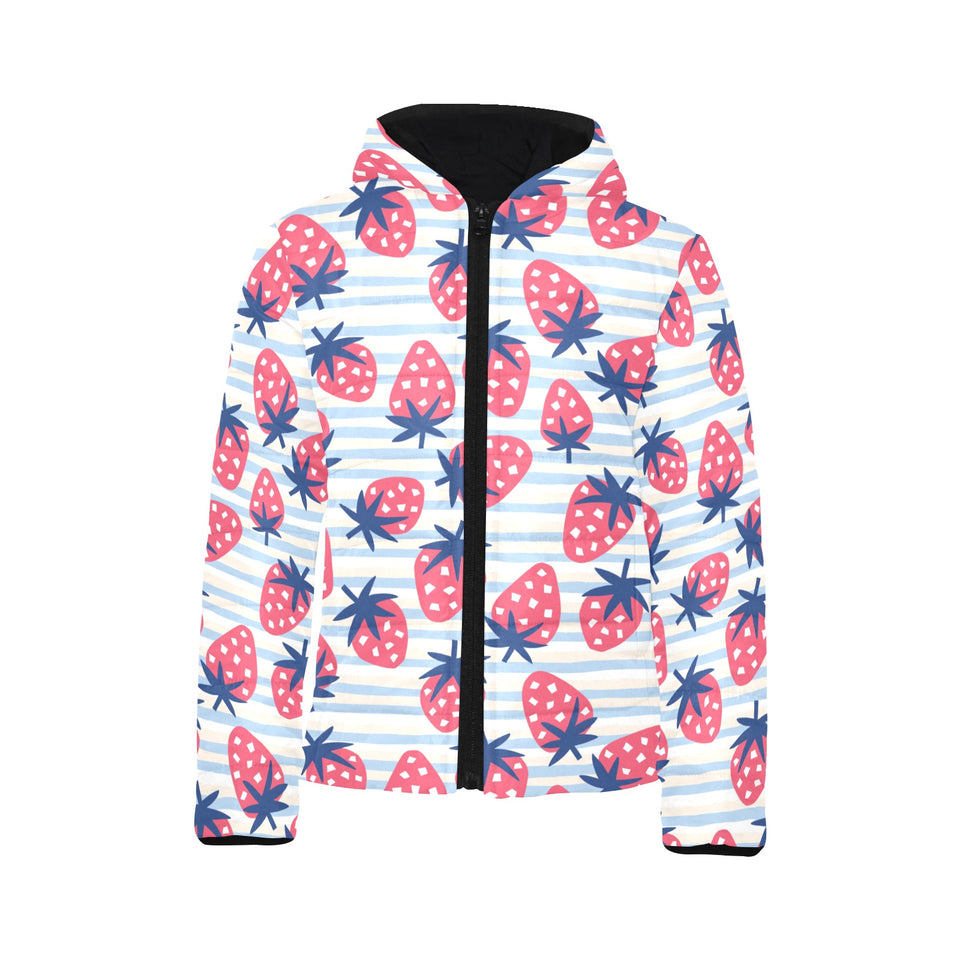 Strawberry pattern blue lines background Kids' Boys' Girls' Padded Hooded Jacket
