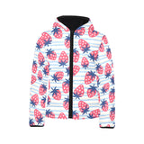 Strawberry pattern blue lines background Kids' Boys' Girls' Padded Hooded Jacket