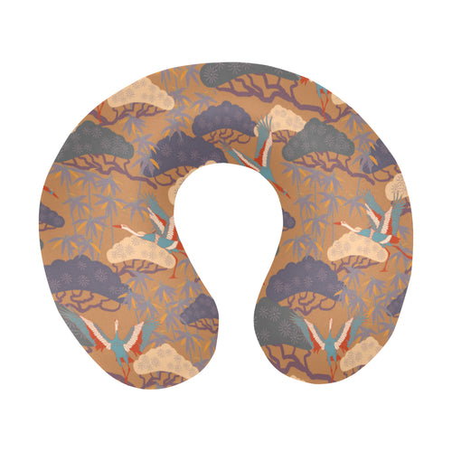 Bonsai bamboo stork japanese pattern brown theme U-Shaped Travel Neck Pillow