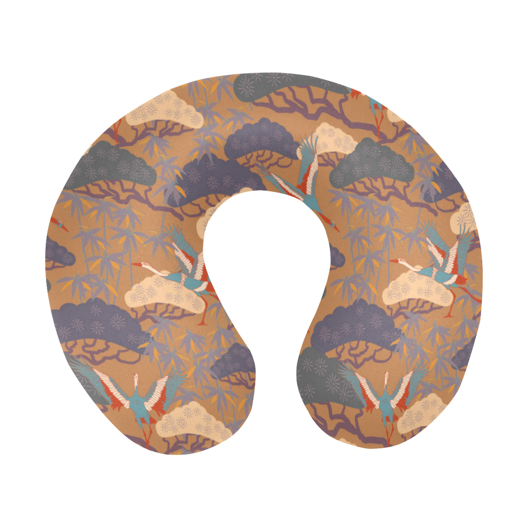 Bonsai bamboo stork japanese pattern brown theme U-Shaped Travel Neck Pillow