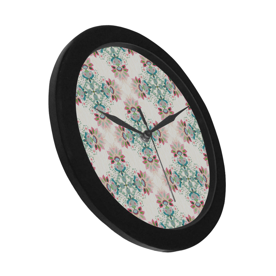 Square floral indian flower pattern Elegant Black Wall Clock