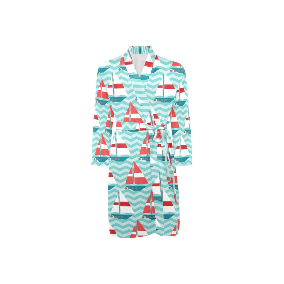 Red White sailboat wave background Men's Long Sleeve Belted Night Robe