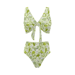 Cute frog dragonfly pattern Chest Bowknot High Waisted Bikini Swimsuit