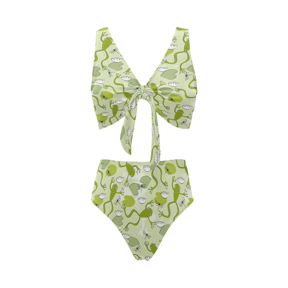 Cute frog dragonfly pattern Chest Bowknot High Waisted Bikini Swimsuit