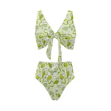 Cute frog dragonfly pattern Chest Bowknot High Waisted Bikini Swimsuit