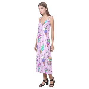 Cute ice cream cone animal pattern V-Neck Open Fork Long Dress