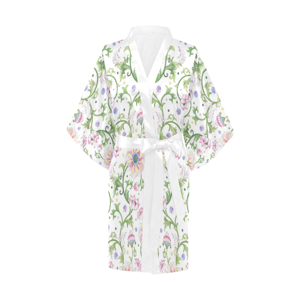 Beautiful pink lotus waterlily leaves pattern Women's Short Kimono Robe