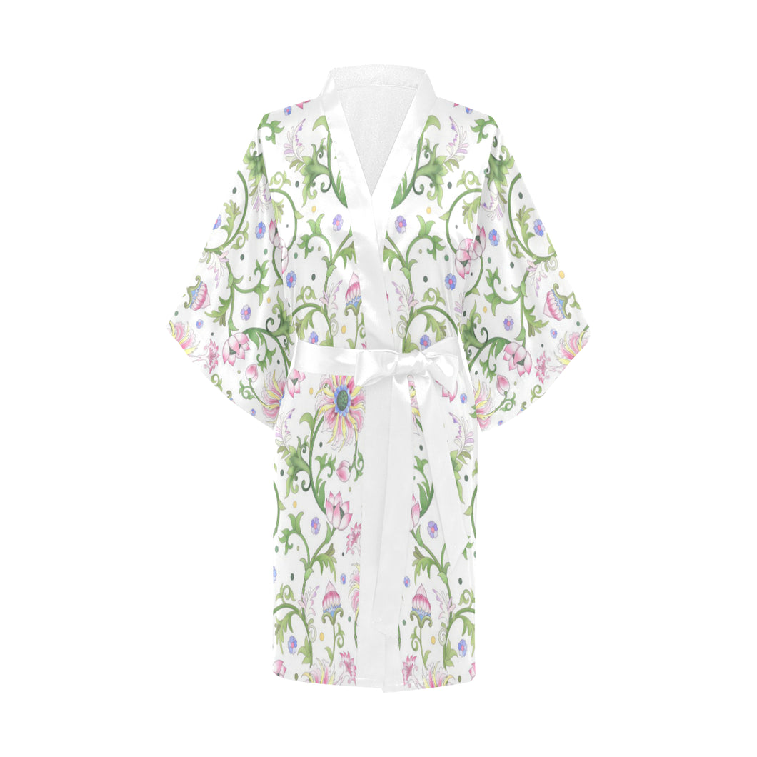 Beautiful pink lotus waterlily leaves pattern Women's Short Kimono Robe