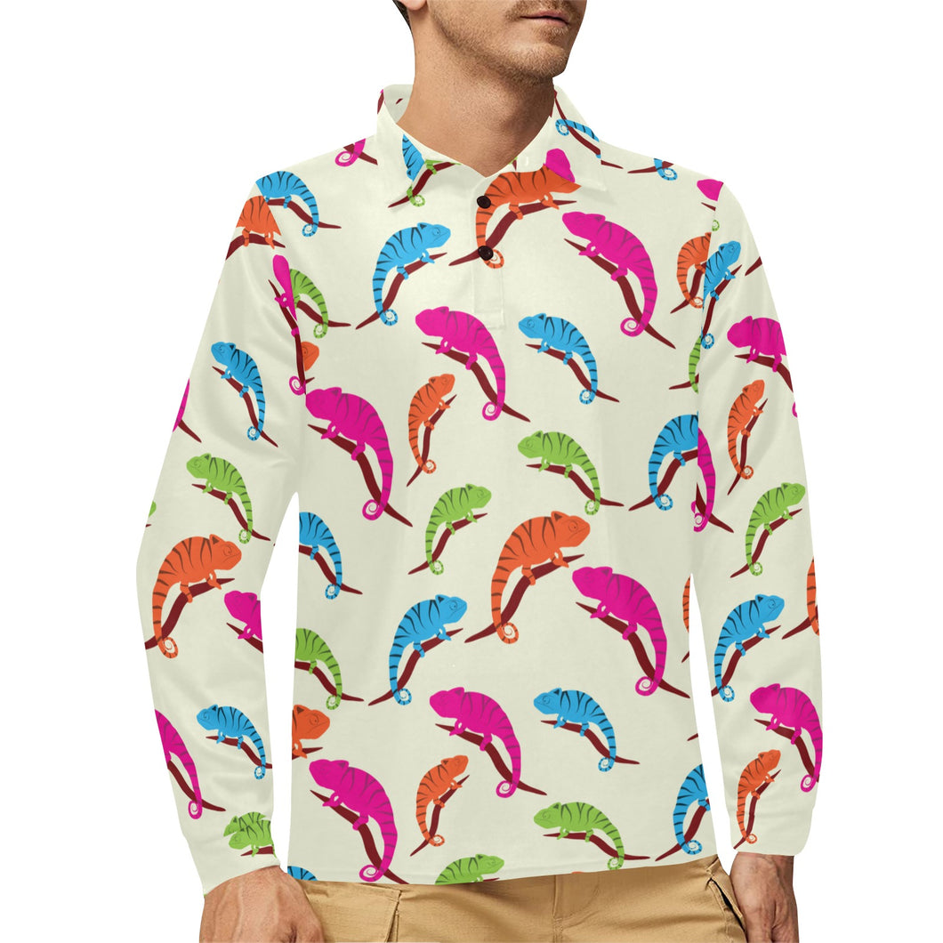 Colorful Chameleon lizard pattern Men's Long Sleeve Polo Shirt
