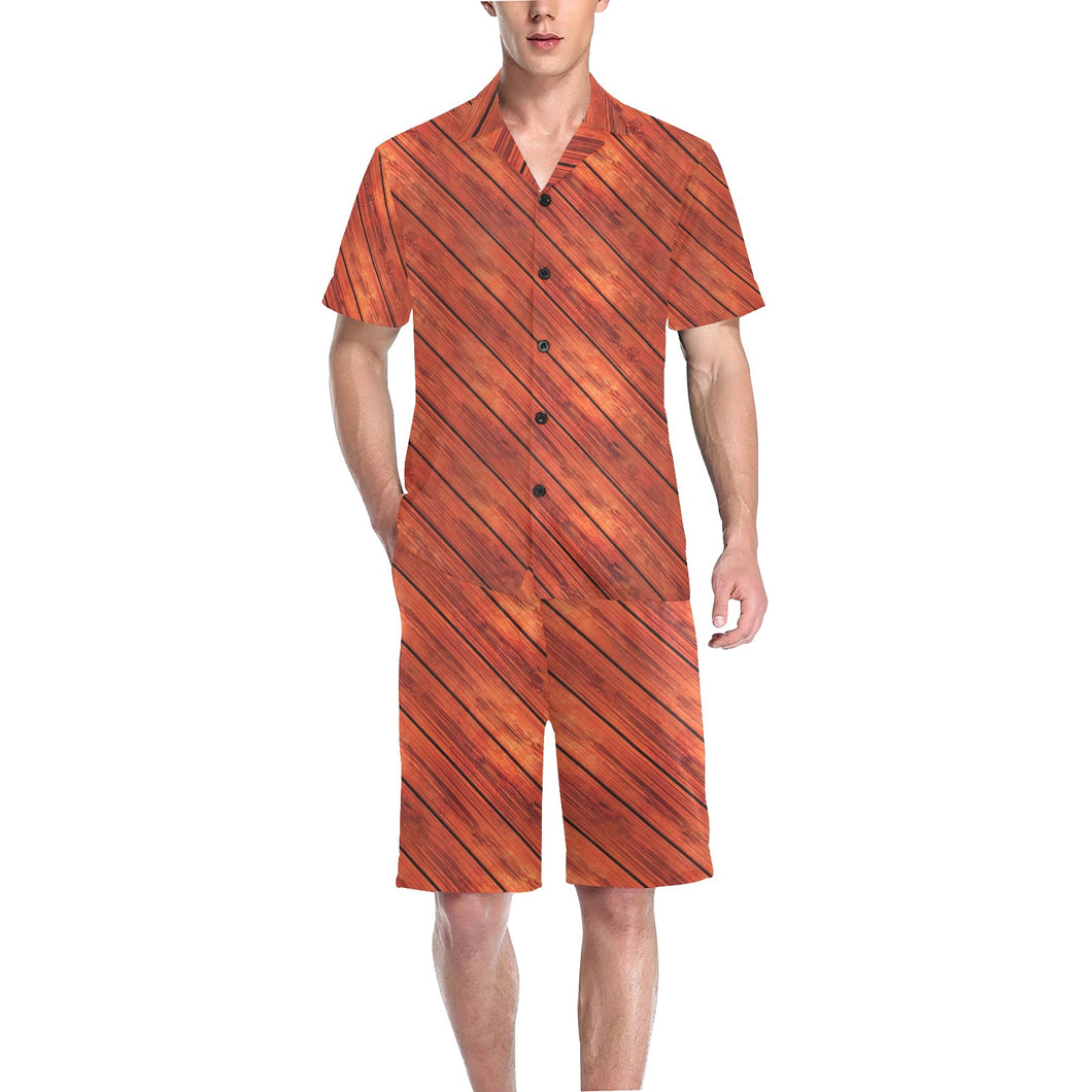 Wood Printed Pattern Print Design 03 Men's V-Neck Short Pajama Set