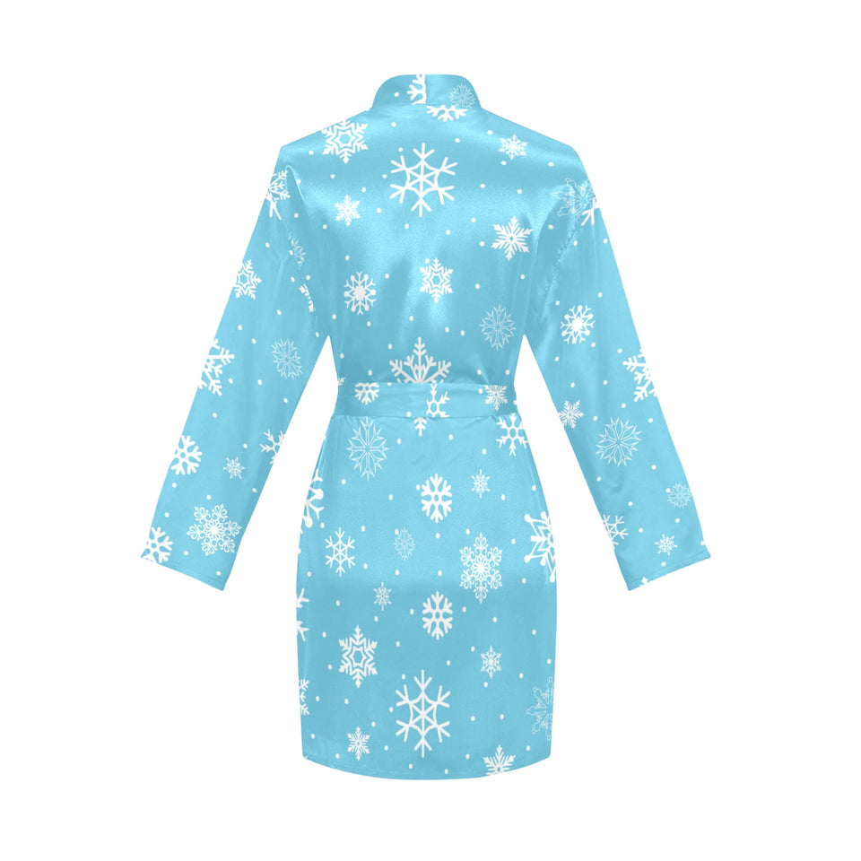 Snowflake pattern blue background Women's Long Sleeve Belted Night Robe