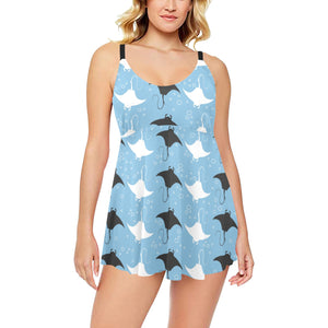 Stingray Pattern Print Design 03 Chest Sexy Pleated Two Piece Swim Dress